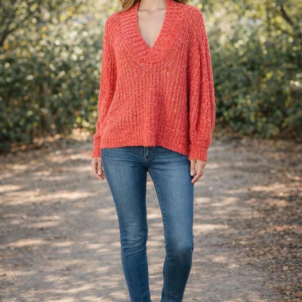 Anthropologie Vibrant Coral V-Neck Sweater S - Picture 10 of 13